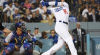 Los Angeles Dodgers right fielder Cody Bellinger hits a home run off Chicago Cubs starting pitcher Jon Lester