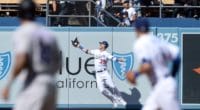 Los Angeles Dodgers right fielder Cody Bellinger makes a leaping catch at Dodger Stadium