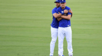 Los Angeles Dodgers teammates Cody Bellinger and Andre Ethier prior to a 2017 World Series game