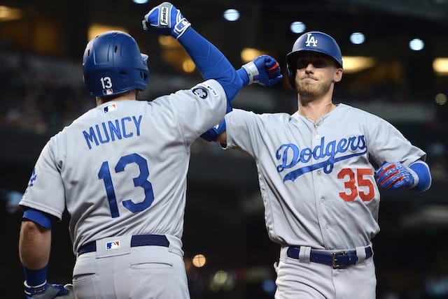 Los Angeles Dodgers teammates Cody Bellinger and Max Muncy celebrate after a home run