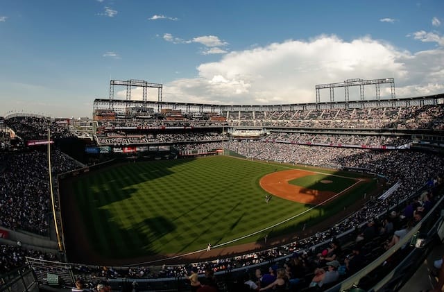 General view of Coors Field during a game between the Los Angeles Dodgers and Colorado Rockies