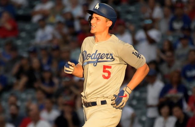 Los Angeles Dodgers shortstop Corey Seager hits a double against the Los Angles Angels of Anaheim