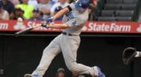Los Angeles Dodgers shortstop Corey Seager hits a double against the Los Angeles Angels of Anaheim