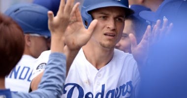 Los Angeles Dodgers shortstop Corey Seager in the dugout at Dodger Stadium