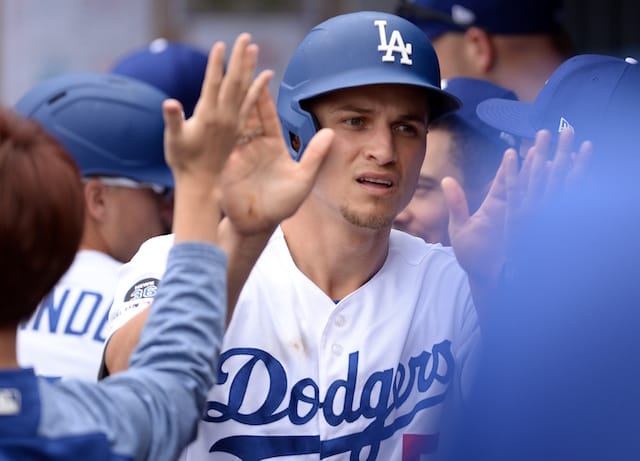 Los Angeles Dodgers shortstop Corey Seager in the dugout at Dodger Stadium