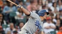 Los Angeles Dodgers shortstop Corey Seager gets a hit against the San Francisco Giants