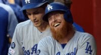 Los Angeles Dodgers teammates Corey Seager and Justin Turner in the dugout at Chase Field