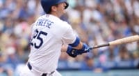 Los Angeles Dodgers first baseman David Freese hits a home run against the Philadelphia Phillies