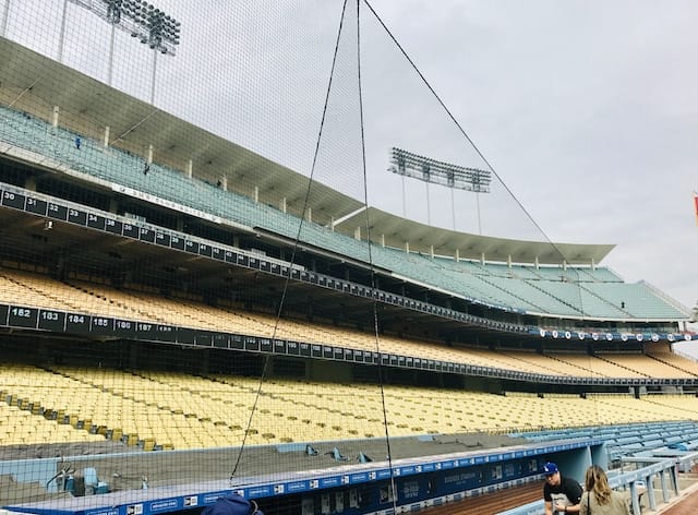General view of the netting along the dugout at Dodger Stadium