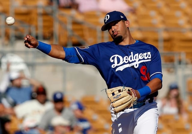 Los Angeles Dodgers Minor League infielder Edwin Rios during a Spring Training game at Camelback Ranch