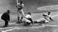Jackie Robinson steals home plate during Game 1 of the 1955 World Series