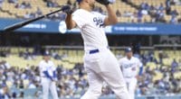 Former Los Angeles Dodgers first baseman James Loney hits a grand slam during the 2019 Alumni Game at Dodger Stadium