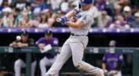 Los Angeles Dodgers outfielder Joc Pederson hits a two-run single against the Colorado Rockies