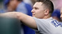 Los Angeles Dodgers outfielder Joc Pederson in the dugout at Coors Field