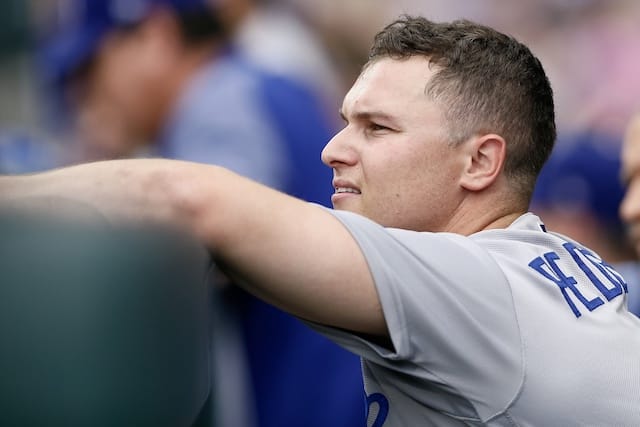 Los Angeles Dodgers outfielder Joc Pederson in the dugout at Coors Field