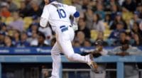 Los Angeles Dodgers third baseman Justin Turner watches a single at Dodger Stadium
