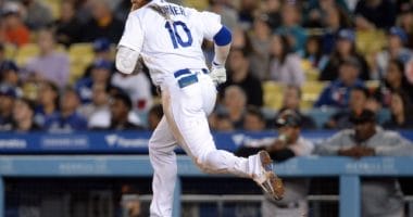 Los Angeles Dodgers third baseman Justin Turner watches a single at Dodger Stadium