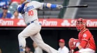 Los Angeles Dodgers third baseman Justin Turner hits a single against the Los Angeles Angels of Anaheim