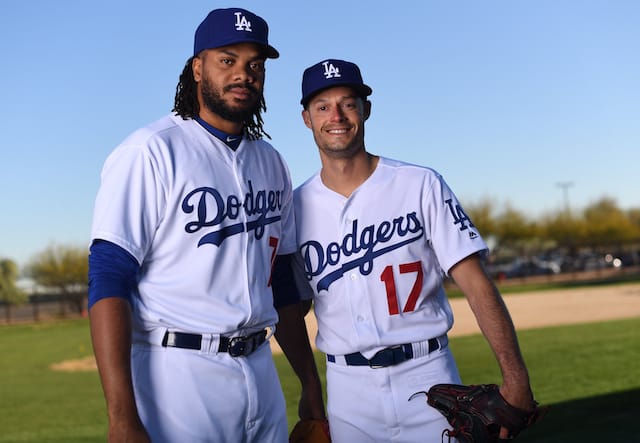 Los Angeles Dodgers relief pitchers Kenley Jansen and Joe Kelly on Photo Day during 2019 Spring Training at Camelback Ranch
