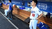 Los Angeles Dodgers starting pitcher Kenta Maeda in the dugout at Dodger Stadium