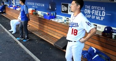 Los Angeles Dodgers starting pitcher Kenta Maeda in the dugout at Dodger Stadium