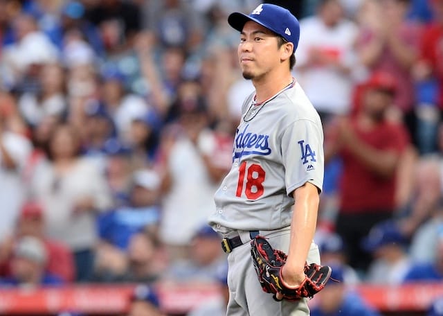 Los Angeles Dodgers starting pitcher Kenta Maeda reacts after allowing a home run against the Los Angeles Angels of Anaheim