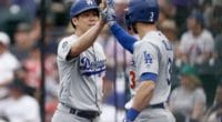 Los Angeles Dodgers starting pitcher Kenta Maeda celebrates with Chris Taylor after scoring against the Colorado Rockies