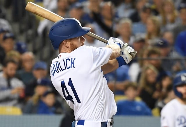 Los Angeles Dodgers outfielder Kyle Garlick hits an RBI single against the San Francisco Giants