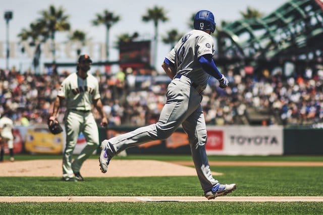 San Francisco Giants pitcher Madison Bumgarner yells at Los Angeles Dodgers infielder Max Muncy