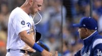 Matt Beaty is congratulated by Los Angeles Dodgers manager Dave Roberts after scoring