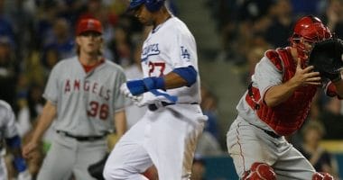 Matt Kemp scores the only run as the Los Angeles Dodgers are no-hit by the Los Angeles Angels at Dodger Stadium