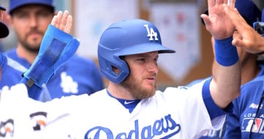 Los Angeles Dodgers infielder Max Muncy in the dugout at Dodger Stadium