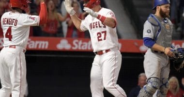 Los Angeles Dodgers catcher Russell Martin looks on after Los Angels Angels of Anaheim center fielder Mike Trout hit a home run