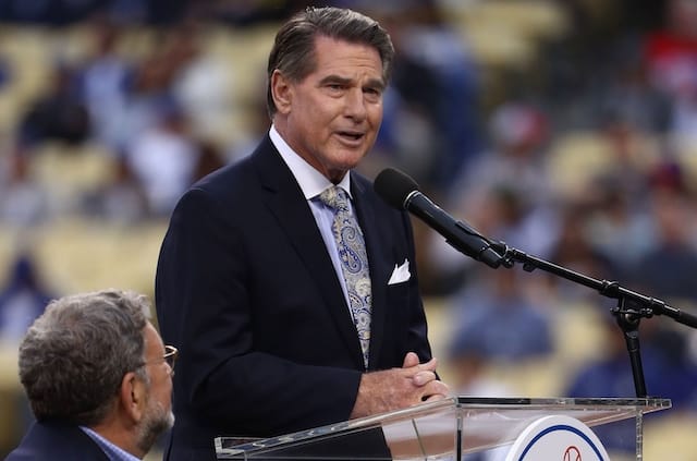 Former Los Angeles Dodgers infielder Steve Garvey during the ceremony for his induction into the Legends of Dodger Baseball class