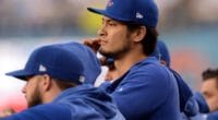 Chicago Cubs starting pitcher Yu Darvish in the dugout during a game at Dodger Stadium