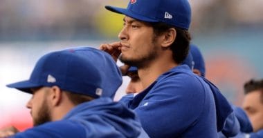 Chicago Cubs starting pitcher Yu Darvish in the dugout during a game at Dodger Stadium