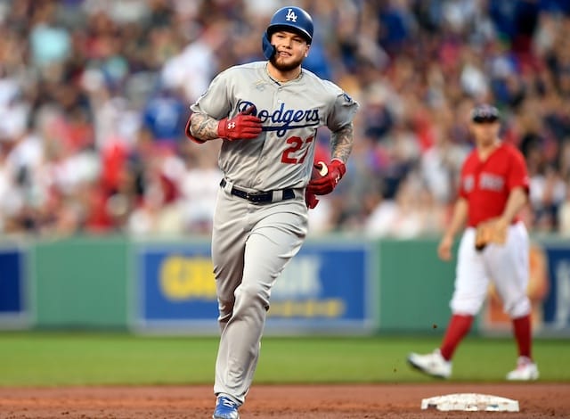 Los Angeles Dodgers outfielder Alex Verdugo rounds the bases after hitting a home run against the Boston Red Sox