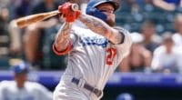 Los Angeles Dodgers outfielder Alex Verdugo hits a double against the Colorado Rockies