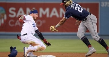 Los Angeles Dodgers outfielder Alex Verdugo slides into second base