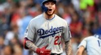 Los Angeles Dodgers outfielder Alex Verdugo celebrates after hitting a home run at Fenway Park
