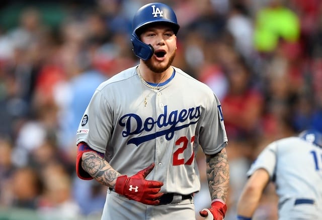 Los Angeles Dodgers outfielder Alex Verdugo celebrates after hitting a home run at Fenway Park