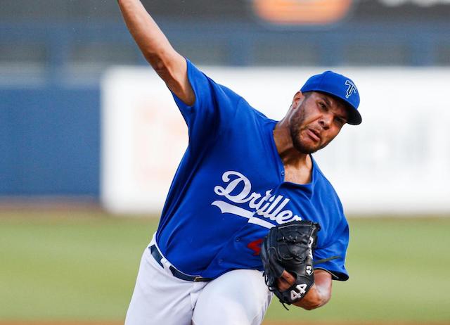 Los Angeles Dodgers pitching prospect Andre Scrubb with Double-A Tulsa Drillers before being traded to the Houston Astros