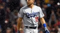 Los Angeles Dodgers catcher Austin Barnes reacts after striking out against the Boston Red Sox