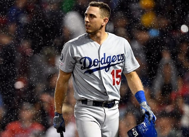 Los Angeles Dodgers catcher Austin Barnes reacts after striking out against the Boston Red Sox