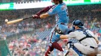 Philadelphia Phillies right fielder Bryce Harper hits a double against the Los Angeles Dodgers