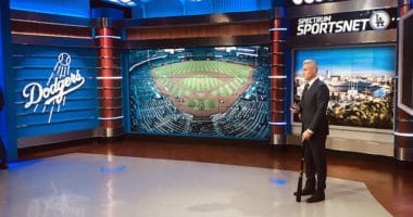 Chase Utley working as a Los Angeles Dodgers studio analyst for SportsNet LA