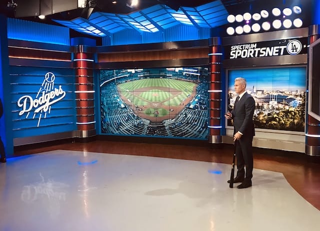 Chase Utley working as a Los Angeles Dodgers studio analyst for SportsNet LA