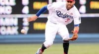 Los Angeles Dodgers shortstop Chris Taylor fields a ground ball