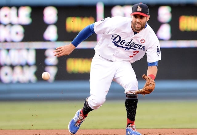Los Angeles Dodgers shortstop Chris Taylor fields a ground ball