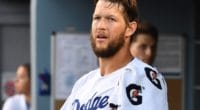 Los Angeles Dodgers starting pitcher Clayton Kershaw in the dugout at Dodger Stadium